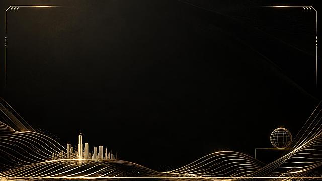 基于参考图的黑金高端商务风格，生成PPT背景页。保留深黑底色与金色线条质感，将装饰细节（金色波浪线条、城市剪影、球体元素、几何线条等）尽量放在画面底部及四周边框区域，画面中间大部分区域保持简洁干净，适合作为PPT背景放置文字内容。整体风格高端大气，企业年会质感，金色元素点缀在边缘