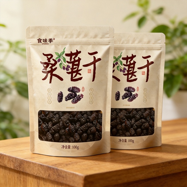为这袋桑葚干生成自然温馨的电商背景图，保留产品主体，添加田园风干果售卖场景，木质台面搭配浅景深绿植背景，整体色调温暖柔和预览效果