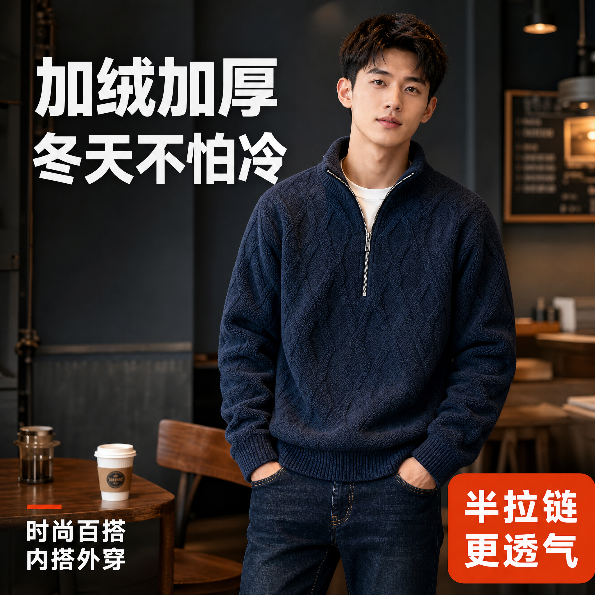 [主图-4] 藏青色半拉链一体绒休闲毛衫 模特穿搭场景主图 [… - 图片创意预览