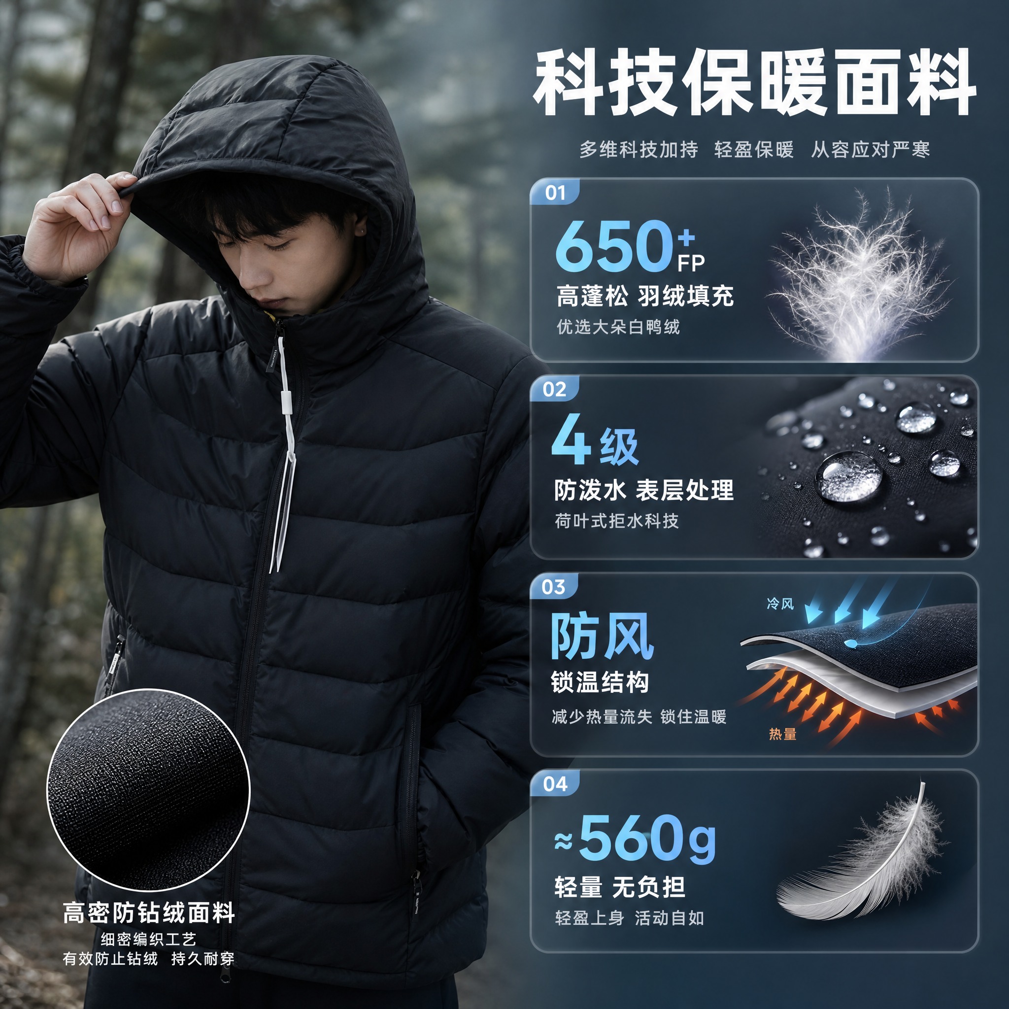 [主图-2] 功能参数展示图，重点展示羽绒服的面料科技与保暖性… - 图片创意预览