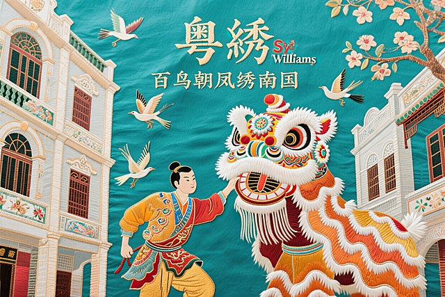 原创非遗粤绣刺绣插画，主体为岭南醒狮人物，搭配岭南传统纹样，古风骑楼场景，国风国潮新中式美学风格，版式松弛留白充足，只保留主标题"粤绣"和slogan"百鸟朝凤绣南国"，文字极简，不添加其他文字，整体色彩统一有系列感，和苏绣插画保持同画风，保持原有构图内容，改为3:2宽高比例