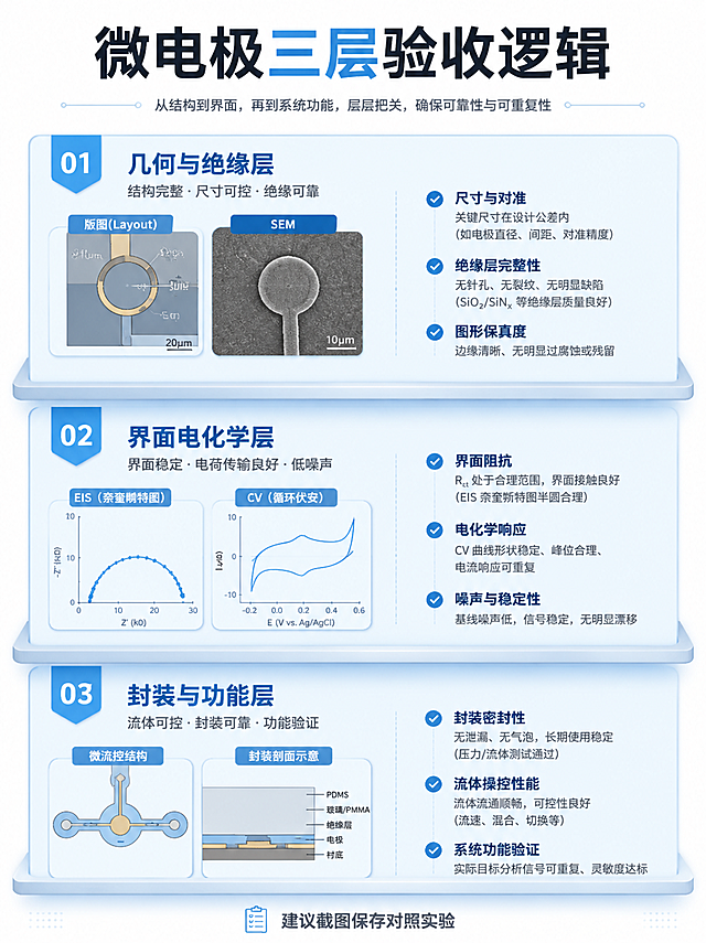 小红书竖版3:4科研科普图，白底背景，浅蓝+灰色学术工业风配色，半导体微纳加工科普可视化风格。采用三层阶梯卡片式布局，从上到下三层验收逻辑：第①层几何与绝缘层，配版图/SEM小图标，列出2-3个验收要点；第②层界面电化学层，配EIS/CV曲线小图标，列出2-3个验收要点；第③层封装与功能层，配微流控/封装结构小图标，列出2-3个验收要点。每层用浅蓝色卡片背景，层次分明，类似实验checklist清单形式。画面顶部有大标题"微电极三层验收逻辑"，底部有小字"建议截图保存对照实验"。结构清晰、重点突出，专业学术风，画面明亮