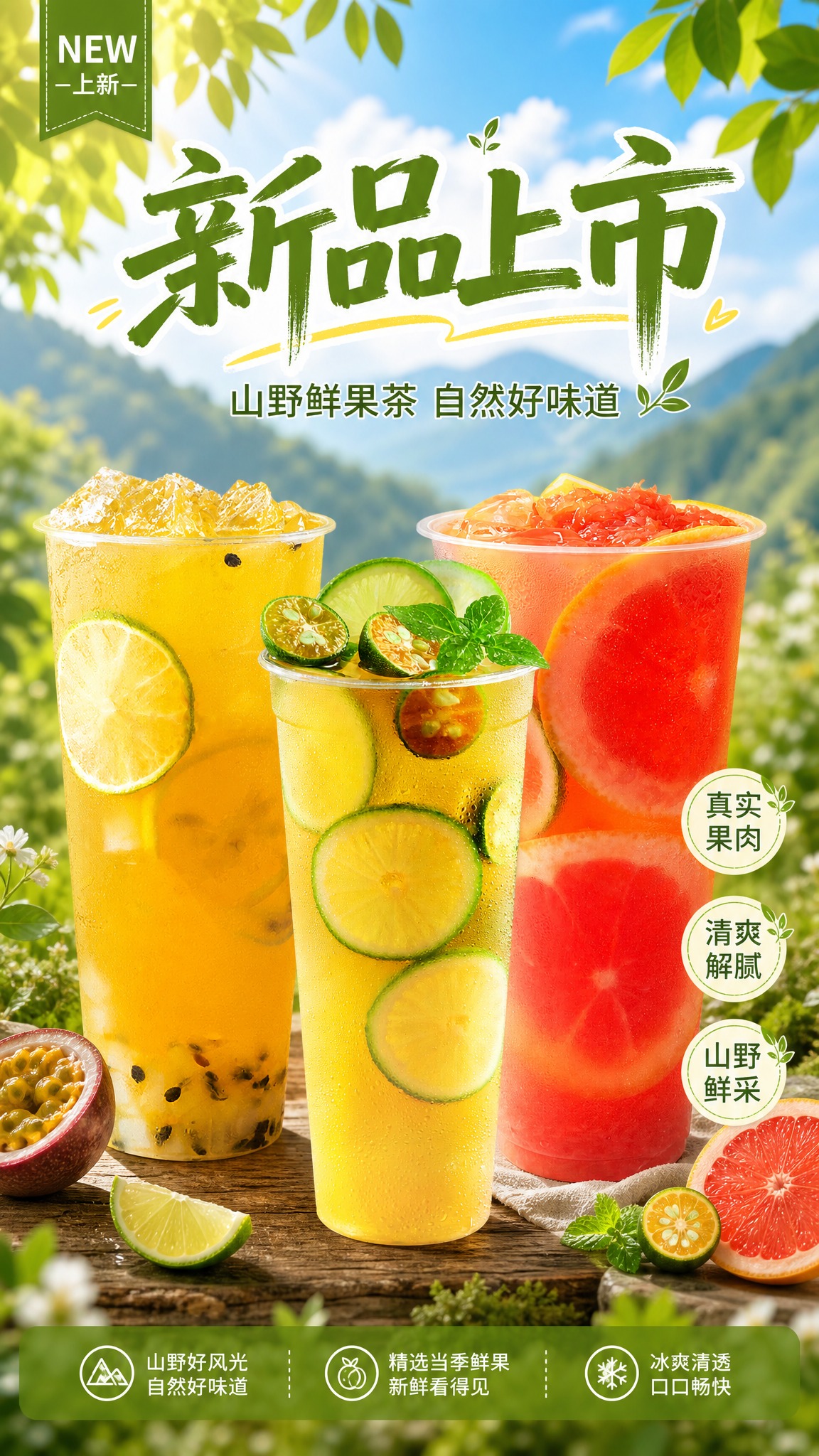 清新山野风饮品新品上市海报，9:16竖版，写实商业摄影风格。画… - 图片创意预览