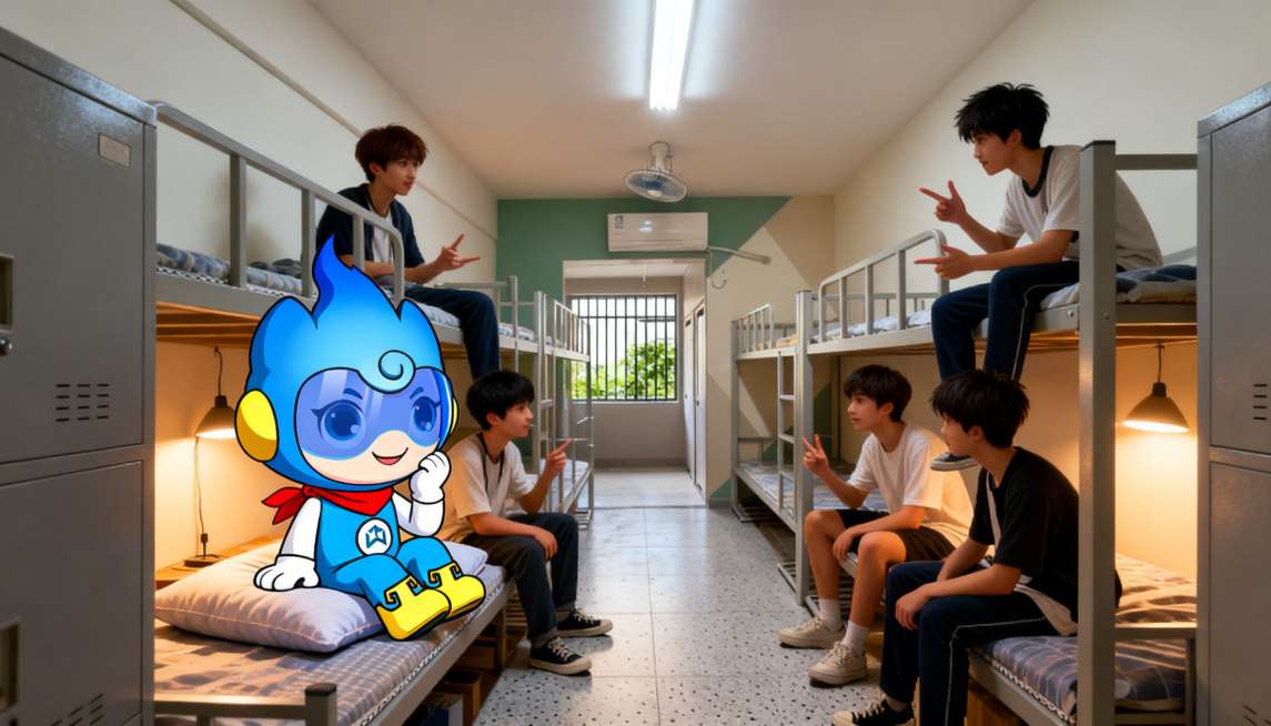 男生宿舍里，几个少年坐在上下铺床上聊天，有人坐起来用手比划建模相关手势，暖色调台灯光线，充满青春校园感，蓝色Q版IP形象坐在枕头上托腮听他们聊天，保持IP原本蓝黄红配色，日系动漫风格，16:9，参考原预览效果