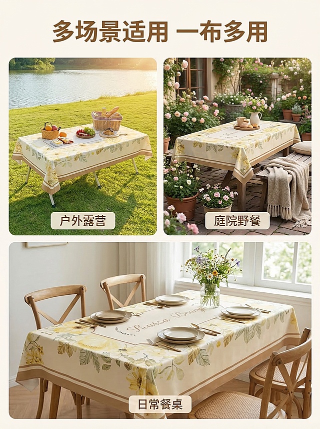 生成5张3:4比例的田园风户外露营野餐桌布电商主图套图，包含场景展示、卖点突出、细节展示、多场景适配和SKU展示五种不同排版，整体风格清新自然，符合国内电商平台规范。「图片1」