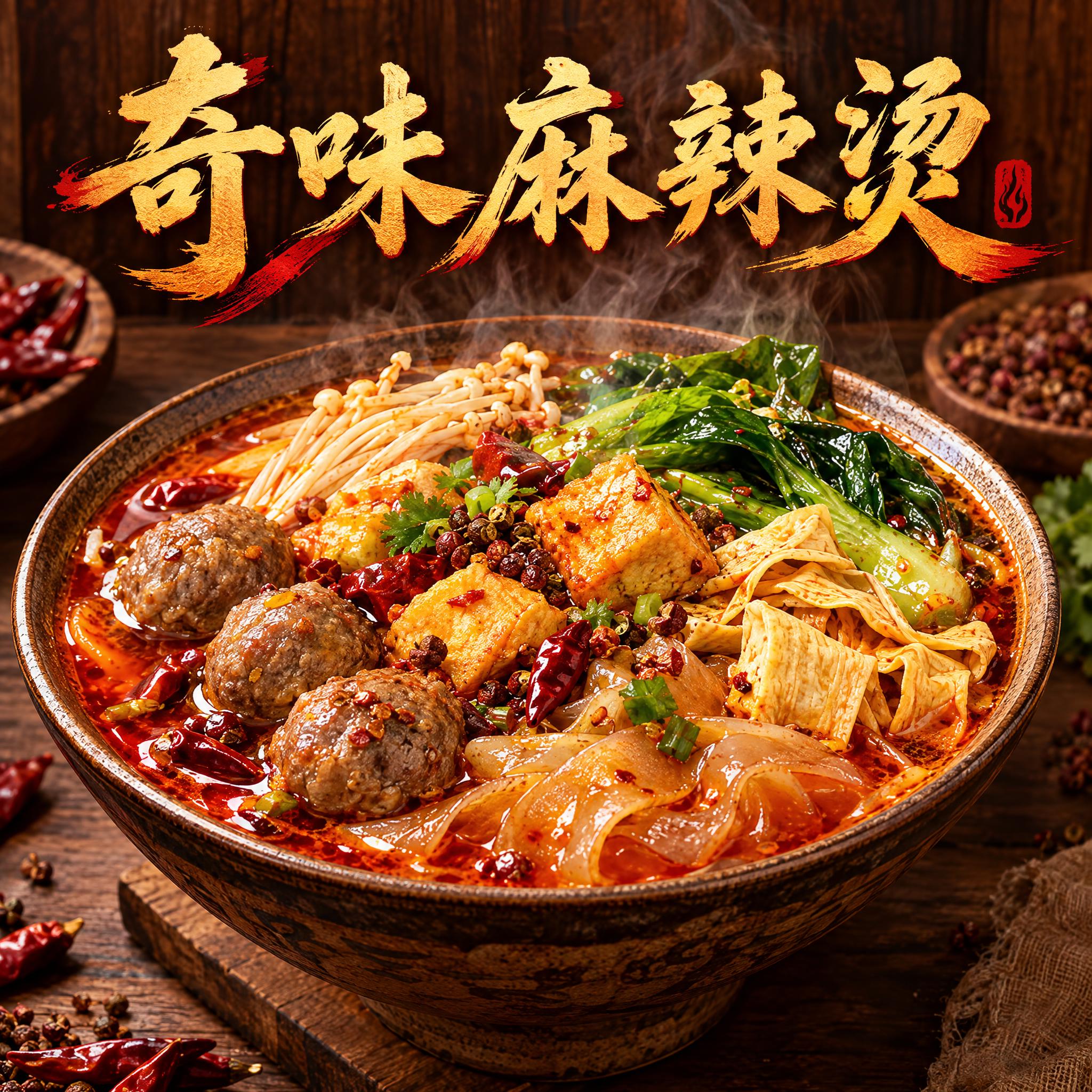 美食写真风格的麻辣烫头像设计，画面中央是一碗热气腾腾的麻辣烫，… - 图片创意预览