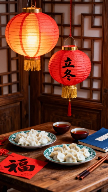 中式室内场景，暖色调氛围，背景是传统木格窗棂，悬挂两只红色纸灯笼，一只亮着暖光，一只带有金色流苏，灯笼上有黑色书法字体“立冬”，前景木桌上摆放着两盘青花瓷盘装的白色饺子，旁侧有两只深色小碗盛着红褐色茶预览效果