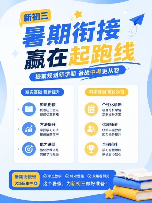 参考图片的蓝黄清新教育配色和风格，制作新初三暑期衔接招生海报，采用顶部主标题，卖点竖向两列排列，底部放置少量书本装饰，布局和参考图不同，文案疏密适中，不密集，3:4比例，蓝黄配色，画面高清清晰，突出文预览效果