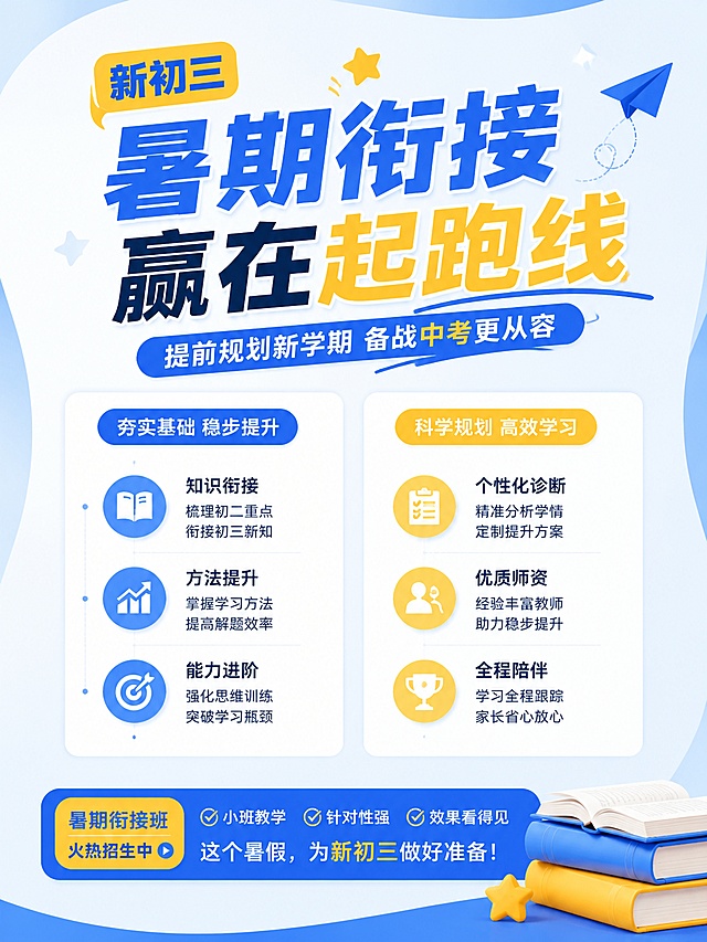参考图片的蓝黄清新教育配色和风格，制作新初三暑期衔接招生海报，采用顶部主标题，卖点竖向两列排列，底部放置少量书本装饰，布局和参考图不同，文案疏密适中，不密集，3:4比例，蓝黄配色，画面高清清晰，突出文案，版式精美