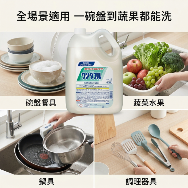 花王Wonderful洗碗精适用场景主图，氛围风格为舒适简约家居明亮风。画面元素：四宫格场景宫格布局，分别展示碗盘餐具、蔬菜水果、锅具、调理器具四个清洁场景，产品放置在画面顶部居中位置，全屏无边框，产预览效果