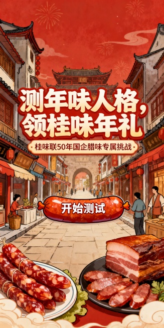 桂味联年终大促H5设计（4页版）<br/> <br/>第一页：封面页<br/> <br/>- 视觉设计：以动态柳州年味街景为背景，融入桂味联腊肠、腊肉的手绘插画，画面中央用加粗艺术字显示**“测年味人预览效果