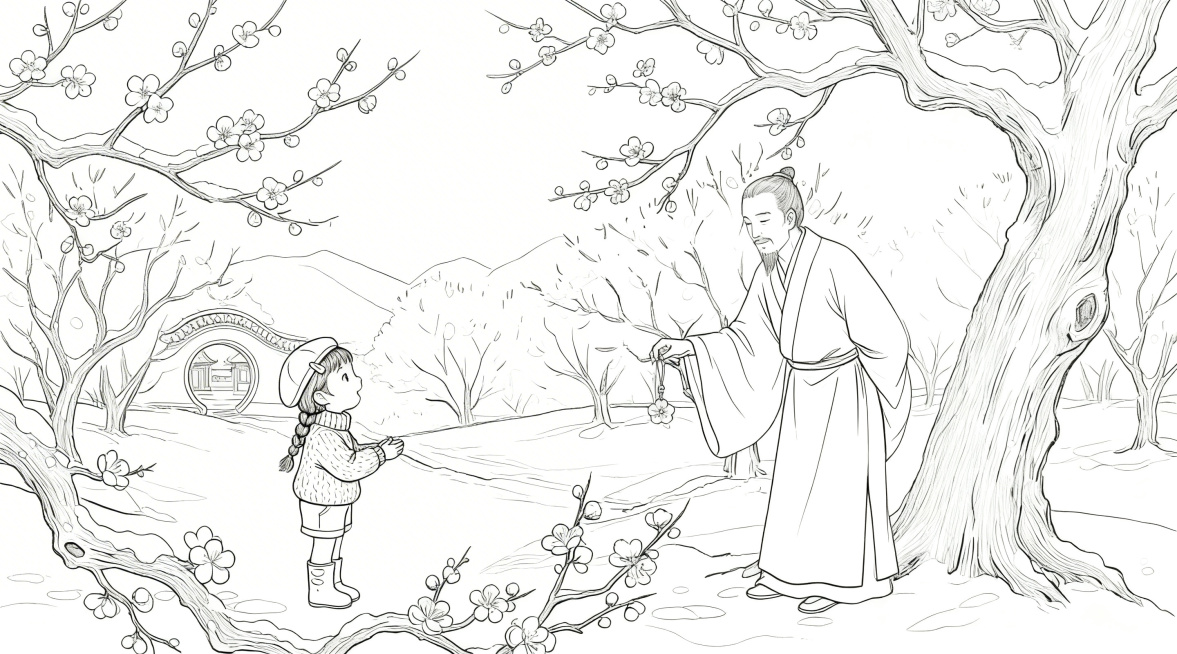 生成纯净细线线稿，去除阴影和明暗对比，只保留干净清晰的轮廓线条，保留原画面的人物、梅花雪景构图和所有元素不变预览效果