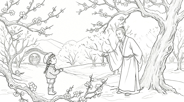 生成纯净细线线稿，去除阴影和明暗对比，只保留干净清晰的轮廓线条，保留原画面的人物、梅花雪景构图和所有元素不变