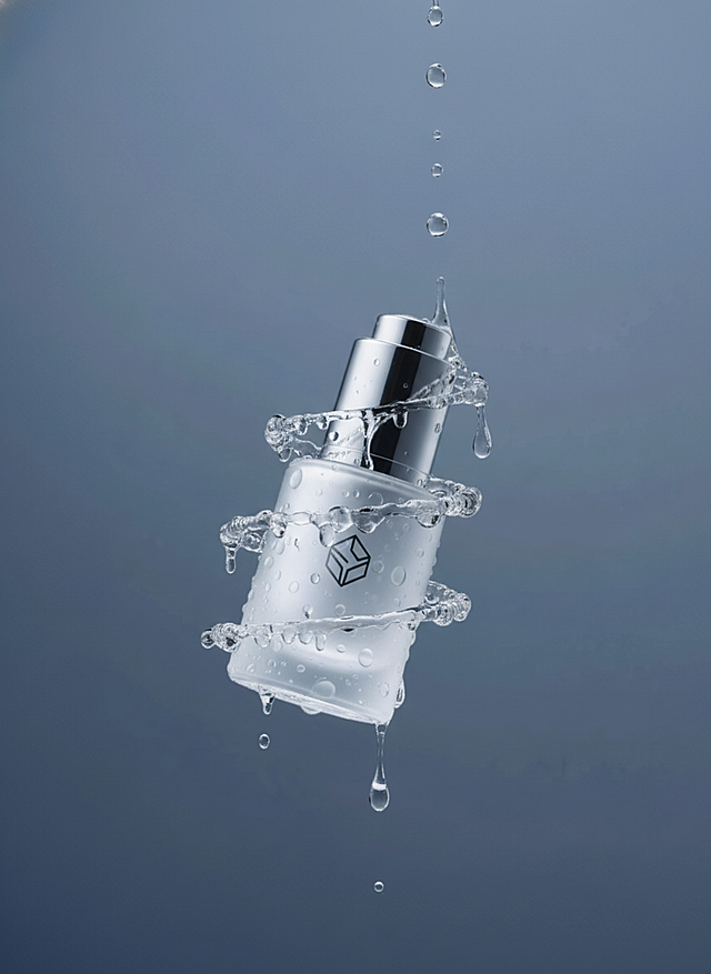 超写实电商产品图，被形态各异的透明水珠、水簇环绕，部分水珠附着产品表面。背景为低饱和渐变底色，冷调光源从侧下方照射，凸显产品科技感与成分专业性。材质表现哑光细腻，色彩搭配以主体色彩为主，色调柔和高级，构图采用轻微倾斜角度，动态元素环绕主体，含品牌 logo