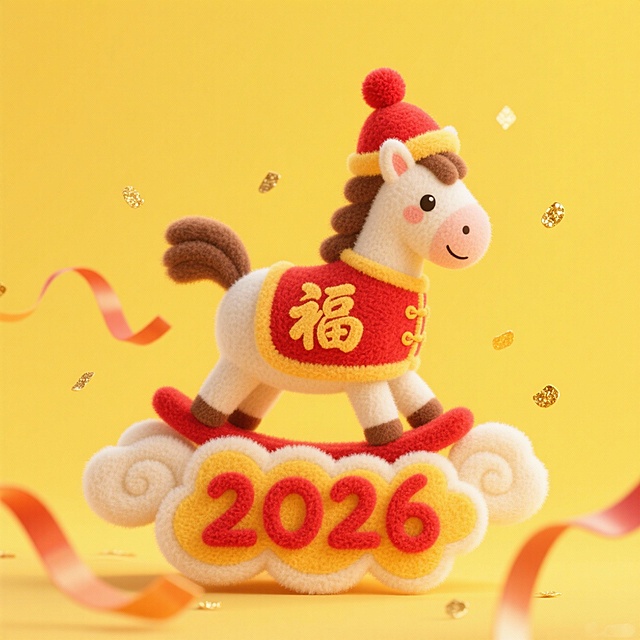 戴绒球红帽的卡通小马，穿绣 “福” 字新年装，踩在祥云上，“2026” 嵌在祥云纹里，明黄背景落金粉彩带