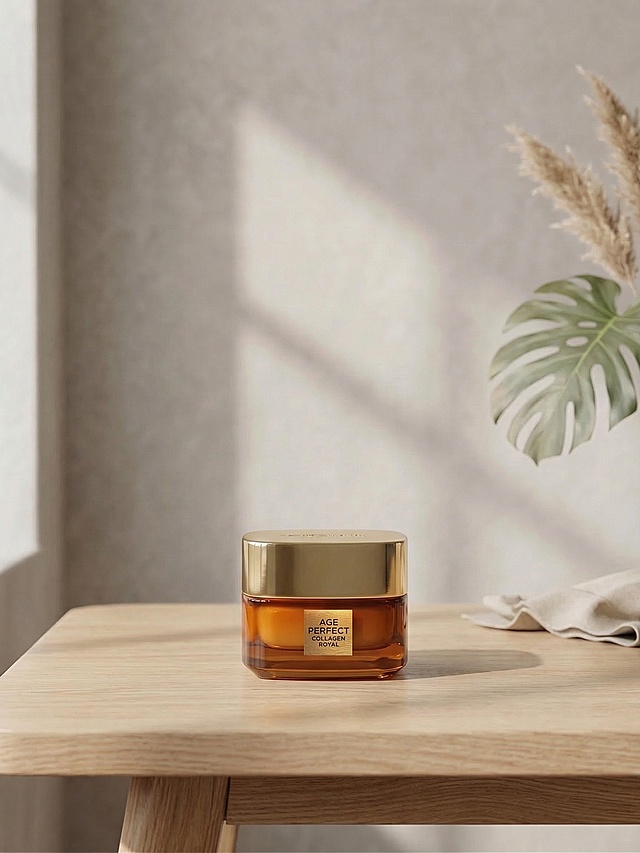 保留图中最右侧的金色盖子橙色瓶身的面霜产品，移除其余所有产品，让该面霜在画面居中，保留原图的桌面、背景、光影、植物装饰等所有非产品元素不变，整体风格质感和原图一致