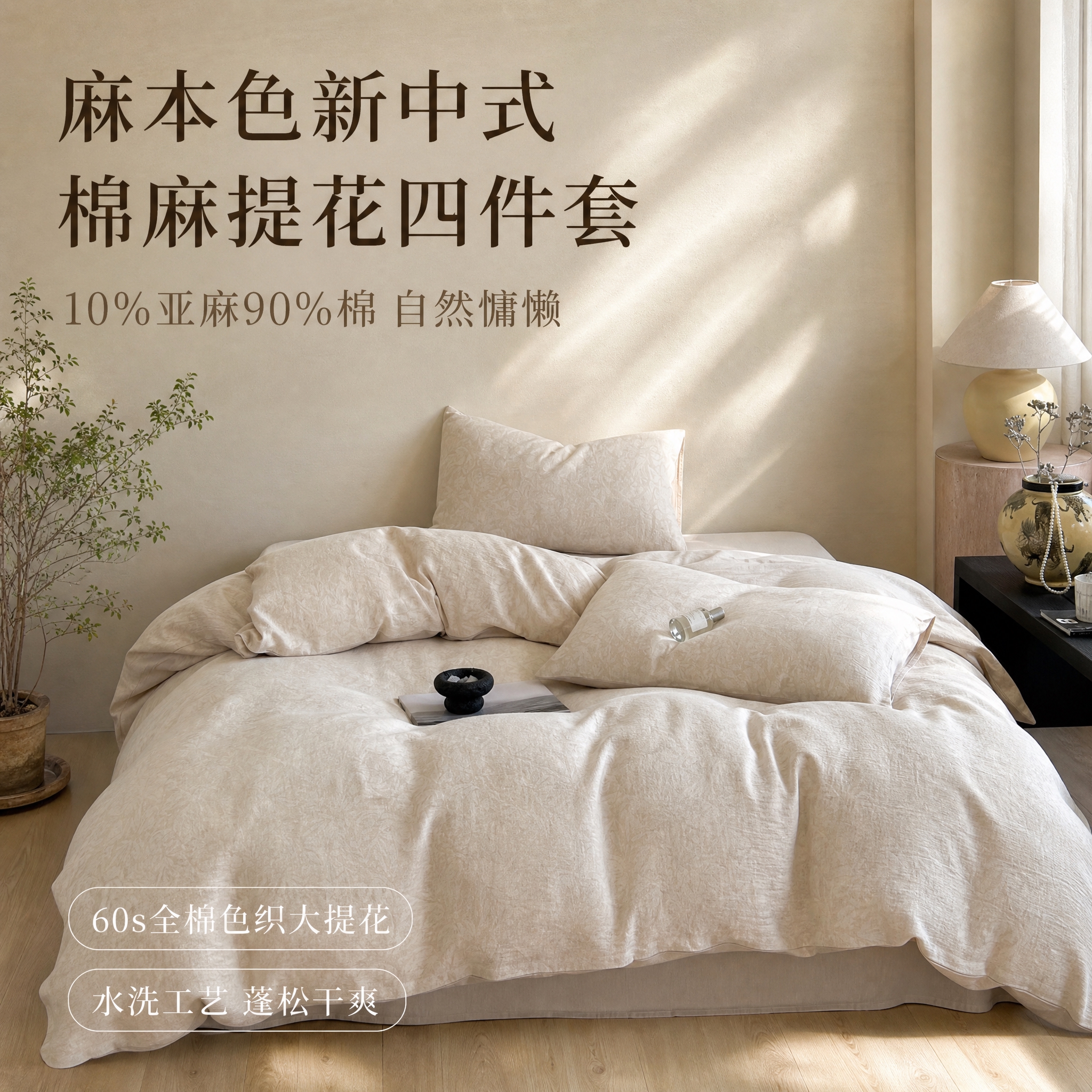 [主图-1] 麻本色新中式棉麻提花四件套 整床氛围主图 突出产… - 图片创意预览