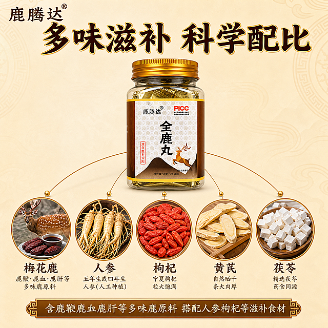 [主图-4] 主题：多味滋补 配方解析，核心任务是展示产品丰富的配料成分和营养价值，体现配方优势。
[统一基调] 中式滋补风格，暖棕+金色+米白主色调，主标题用厚重书法黑体，字色为深棕描金边，辅助文案用细黑体米白色，强调色为金色，整体专业温润有品质感。
[画面] 产品玻璃瓶放在画面上方中央，下方用圆形图标阵列展示5种核心原料：梅花鹿（鹿鞭鹿血等）、人参、枸杞、黄芪、茯苓，每个图标配真实原料图片和名称。用金色细线从产品瓶身连接到各原料图标，形成配方网络图。背景为浅米色，搭配淡淡的中式回纹装饰。左上角放品牌Logo。
[光影质感] 干净明亮的商业摄影光，产品和图标都清晰锐利，整体通透。
[配色] 浅米底色+深棕文字+金色线条+各原料本色。
[文字版式] 上方主标题"多味滋补 科学配比"，下方每个原料图标下标注原料名称，底部小字辅助说明"含鹿鞭鹿血鹿肝等多味鹿原料 搭配人参枸杞等滋补食材"。
[输出要求] 1:1正方形，2048*2048，信息清晰，排版整洁，文字清晰可读，无变形错字，无水印无平台Logo。