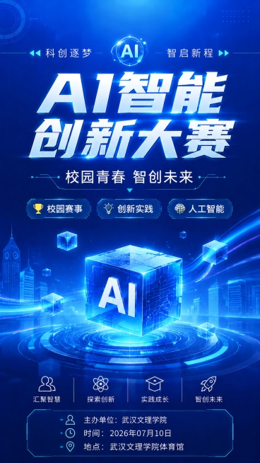 修改现有海报，在海报底部添加以下信息：
主办单位：武汉文理学院
时间：2026年07月10日
地点：武汉文理学院体育馆
主标题文字修改为"AI智能创新大赛"，其他文案和整体科技蓝色风格保持不变，保持版预览效果