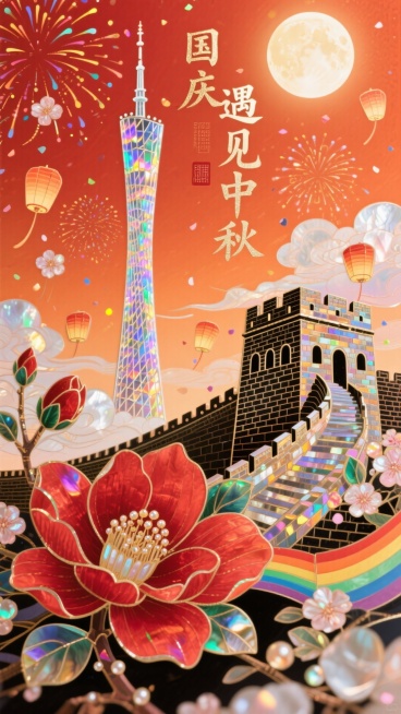 广州塔+长城+红橙色背景中有烟花、小花灯笼、云彩和明月有国庆遇见中秋的文字、前景用红棉花预览效果