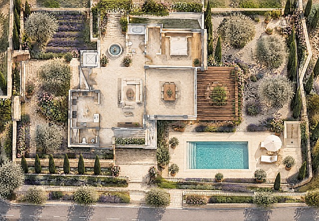 以这张庭院平面渲染图为基础，重新设计为南法普罗旺斯风格（Provence / South of France）的庭院平面图，并新增一个水池。保持原有建筑主体轮廓、房间布局、木平台、入户台阶与道路位置不变，在建筑前方或侧院草坪区域加入一个长方形露天下沉式水池（泳池），池边设浅色石灰石铺装池畔平台、赤陶花盆、藤编躺椅与遮阳伞、淋浴区；庭院整体改为南法田园风：米白色石灰石与大颗粒砾石铺装、中央圆形石雕喷泉水景、大片薰衣草花田与橄榄树、笔直的意大利柏树、攀满藤蔓的藤架、粉色玫瑰丛与盆栽香草，矮石墙与铁艺围栏，暖米黄与薰衣草紫的主色调，阳光明媚、暖金色光影，俯视平面渲染图效果，材质细腻真实，专业景观设计图纸质感，高清细节。