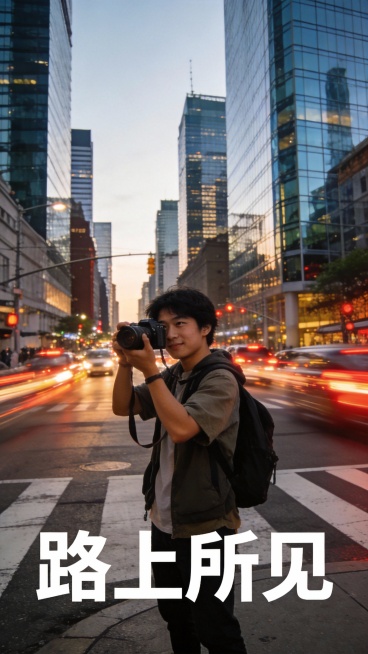 一位穿着休闲服装的年轻人站在繁华都市的十字路口，手持相机准备拍摄，背后是车水马龙和高耸的大楼，整体氛围生动活泼，体现'路上所见'的主题。",
  "size": "720*1280"预览效果