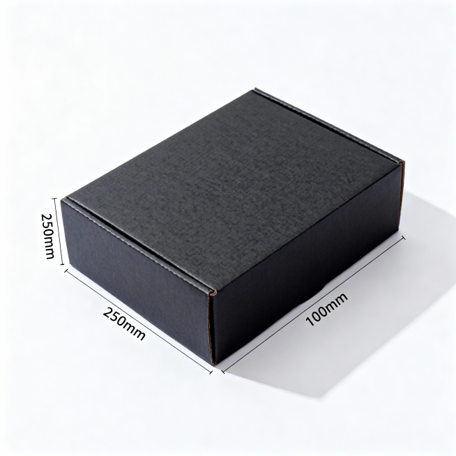 生成一个黑色牛皮纸飞机盒，长250mm，款250mm，高100mm，视角正面顶左，背景纯白色，尺寸1600*1600预览效果