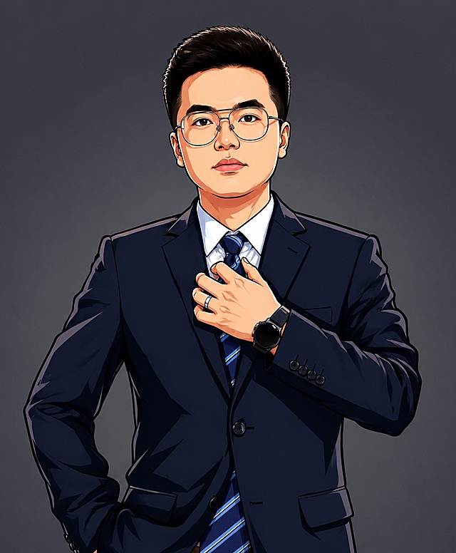 将图片整体改成浓郁漫画风格，把人物改为漫画风格人物，保留原人物姿态、西装领带穿着和背景构图，强化漫画线条和色块效果，漫画风格浓郁