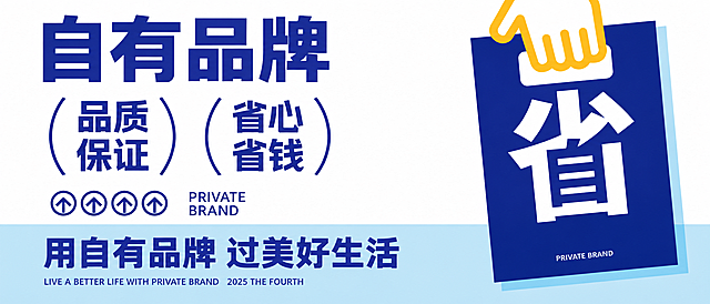 基于参考图进行修改：1. 去掉右侧蓝色购物袋上的"自有品牌节"文字，保留"省"字和底部"PRIVATE BRAND"小字；2. 整体画面保持原有设计风格、配色和布局不变；3. 提升图片清晰度，使文字和图形边缘锐利清晰；4. 画面尺寸比例为1400:600（宽高比7:3）