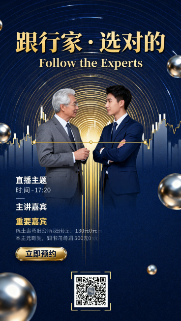金融直播海报，现代商务风格。画面以深蓝色为主色调，背景叠加放射状金色光效，形成视觉聚焦点。中央偏上位置放置两位商务人士的半身像，一位为资深投资顾问，身着灰色西装，是银发；另一位为年轻分析师，身着深蓝西预览效果