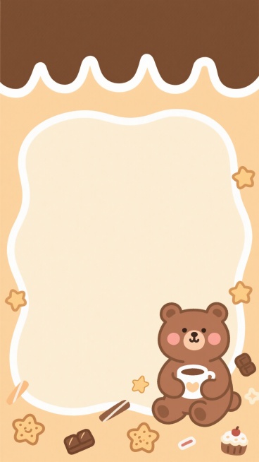 可爱背景，卡通风格，柔和的米黄色和浅棕色渐变背景，顶部有深棕色波浪形装饰，白色描边线条勾勒轮廓，右下角有一只抱着杯子的棕色小熊，脸颊圆润，表情呆萌，周围散落着星星形状的饼干、巧克力棒和小蛋糕，整体画面温馨治愈，色彩明快柔和，线条圆润流畅，充满童趣，留有大面积空白区域适合作为背景使用。预览效果