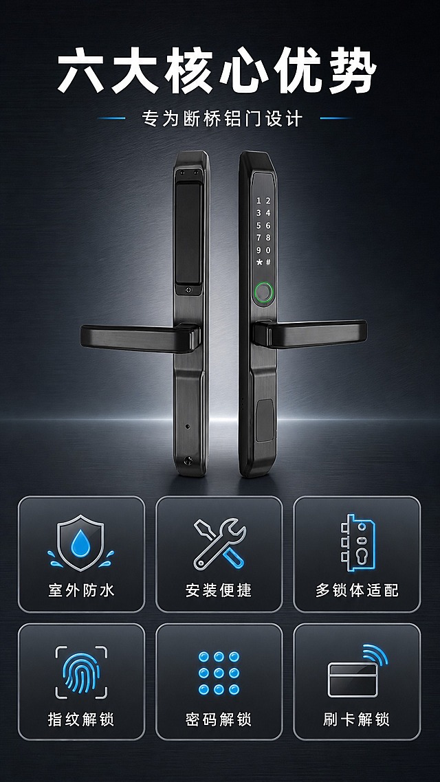 [商品] 使用【图2】断桥铝门专用智能锁；保留黑色长条形结构、横向把手、数字键盘、指纹识别区、哑光黑金属材质；增强金属质感，保持产品比例结构不变。
[画面] 目标：核心卖点总览，6大卖点icon卡展示。构图：上方产品居中偏上，占画面40%，下方2行3列共6个圆角卖点icon卡环绕排列。阅读动线：顶部标题→中部产品→下方6卖点卡。背景：深炭灰渐变背景，带细微金属拉丝纹理。
[视觉] 套系策略：风格=五金建材专业科技商业摄影风；标题字=现代无衬线粗黑体；正文字=简洁无衬线体；主色=深炭灰；背景延展=基于深炭灰做深浅层级、同色渐变和金属拉丝质感；强调色=科技蓝，仅用于小面积图标、引线、标签和光效；标题色=纯白；正文色=浅灰；组件=圆角深色信息卡、细线引线、科技感图标；光影=正面柔光，产品清晰。
[文字] 顶部主标题"六大核心优势"，副标题"专为断桥铝门设计"。下方6个卖点卡：室外防水 / 安装便捷 / 多锁体适配 / 指纹解锁 / 密码解锁 / 刷卡解锁，每个配对应科技感小图标。文字横排，手机端清晰可读。
[规格] 图片比例9:16竖版，4K，避免变形、错字、文字过小、产品结构失真、极限词。