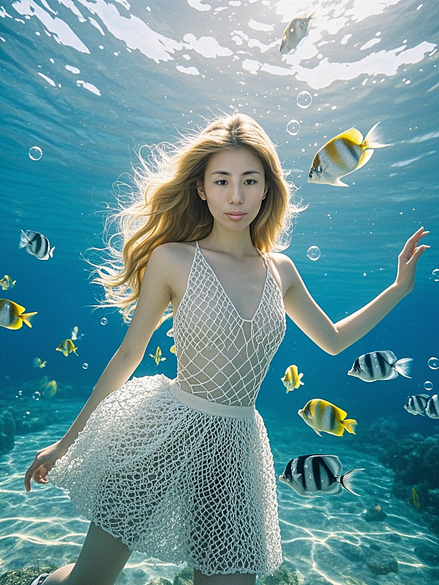 写实摄影，大片，水下拍摄，一个女生直视镜头，皮肤瓷白，飘逸长发，白色纱裙，裙子发光，环境为清澈的海水，五彩斑斓的小鱼和泡泡，艺术感