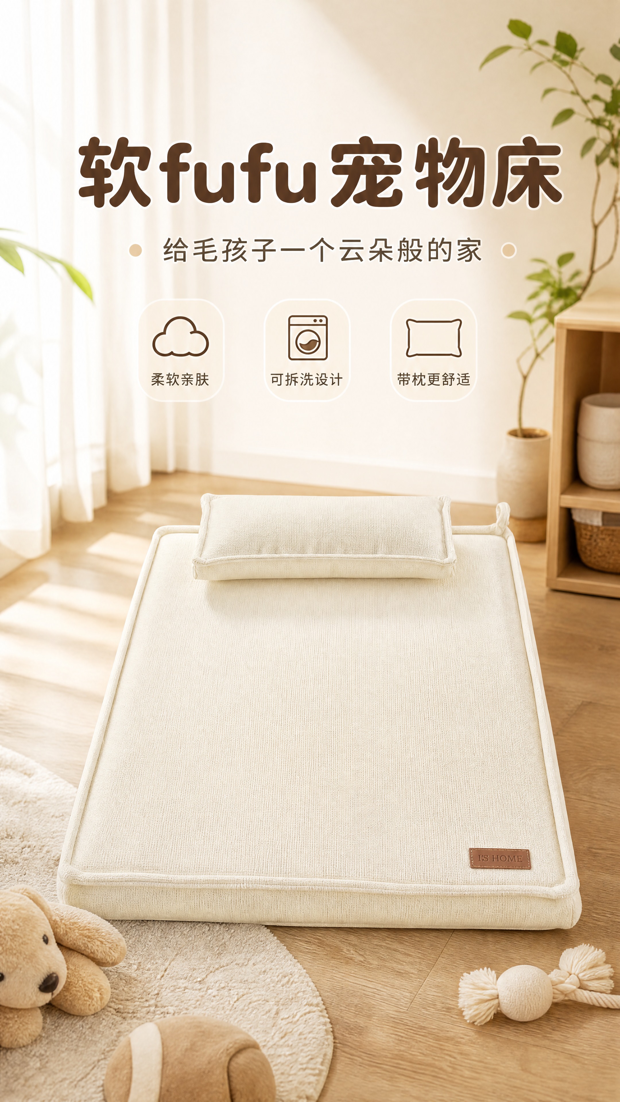 [商品] 使用【图1】米白色方形宠物床（带配套小枕头）；商品处… - 图片创意预览