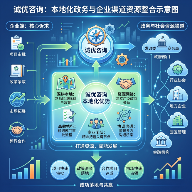 打通企业政务渠道资源示意图，展现诚优咨询本地化资源优势预览效果