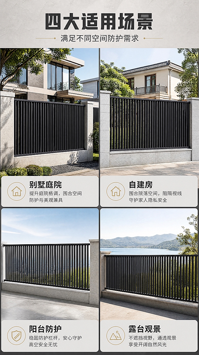 [商品] 使用【图1】深灰色铝艺百叶护栏；保留产品结构、颜色和比例；根据不同场景调整安装环境，产品本体保持一致，修复表面瑕疵，增强金属质感。
[画面] 目标：多场景适配展示，体现产品广泛适用性。构图：2x2四宫格布局，每格一个场景，中间有细分割线。景别：每格为中景，展示护栏在对应场景中的整体效果。四个场景分别为：左上-别墅庭院围墙、右上-自建房院子围栏、左下-阳台防护栏、右下-露台观景护栏。每个场景有独立的环境氛围但风格统一。阅读动线：从左上到右下，逐格浏览。
[视觉] 套系策略：风格=现代高端建材商业摄影风；标题字=粗黑体厚重有力；正文字=思源黑体简洁清晰；主色=深炭灰；背景延展=基于深炭灰做深浅层级、同色渐变与金属/石材质感延展；强调色=香槟金，仅用于小面积图标、引线和标签点缀；标题色=深炭灰；正文色=中暖灰；组件=圆角浅灰信息卡、细金线引线、简约线性图标；光影=右前侧自然日光，柔和侧逆光勾勒金属轮廓，阴影自然真实。
[文字] 顶部通栏主标题「四大适用场景」，副标题「满足不同空间防护需求」。每格下方标注场景名称：「别墅庭院」「自建房」「阳台防护」「露台观景」，配简短说明文字。文字横排，不遮挡产品主体。
[规格] 图片比例9:16竖版，4K分辨率，避免变形、错字、文字过小、颜色失真、结构改变、冷蓝背景、场景混乱。