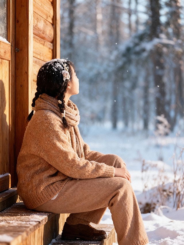 以图片人物为基础生成一张艺术感写真图，整体暖光光线，采用柯达胶片效果。画面中人物和参考图一致，人物身穿毛衣同色系的裤子戴围巾，人物坐木屋台阶望雪林，发落雪