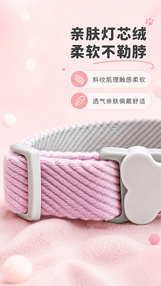 [商品] 使用【图3】粉色宠物项圈；保留灯芯绒斜纹面料肌理、骨头形灰白插扣边缘、内侧灰色织带的材质和颜色；商品处理：增强灯芯绒斜纹肌理的立体感和柔软质感，清晰展示面料纹路，不改变材质特征。
[画面] 目标突出灯芯绒亲肤材质，项圈面料局部微距特写，占据画面中心，斜纹肌理清晰可见，边缘露出内侧灰色织带和白色调节扣一角；背景为浅粉色渐变虚化，有柔和光斑；产品占画面约60%。
[视觉] 套系策略：风格=简约清新马卡龙风商业摄影；标题字=圆润粗黑体；正文字=简洁无衬线体；主色=浅粉蓝马卡龙色系；背景延展=基于浅粉/浅蓝做同色渐变、柔和光斑、细腻织物质感；强调色=暖粉色，仅用于小面积图标、引线、标签；标题色=深炭灰；正文色=中暖灰；组件=圆角浅底信息卡、细线引线、软萌圆点点缀；光影=左前侧暖柔光，突出面料纹理的立体感。
[文字] 右上区域主标题"亲肤灯芯绒"，副标题"柔软不勒脖"，下方2个卖点："斜纹肌理触感柔软"、"透气亲肤佩戴舒适"；文字不遮挡面料主体纹理。
[规格] 图片比例9:16竖版，4K分辨率，避免变形、错字、文字过小、面料质感失真、颜色偏差。
