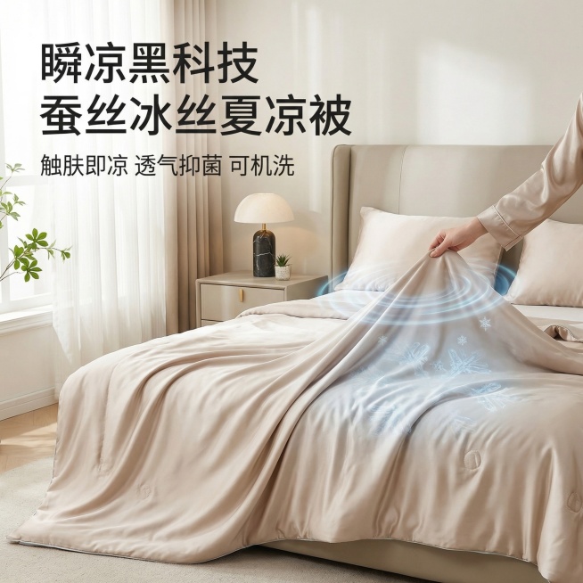 蚕丝冰丝夏凉被商品主图，冷感面料，瞬间凉感，透气不闷汗，轻薄柔软，可机洗，抗菌防螨，简约纯色，轻奢卧室风格，自然光，高清质感，展现人物体验的唯美质感，体现科技分析和柔润瞬凉，适配淘宝和抖音平台，参考图预览效果