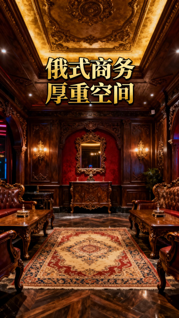 西安商务KTV场景，俄式厚重风装修，实木雕花家具，华丽地毯，添加文字“俄式商务厚重空间”预览效果