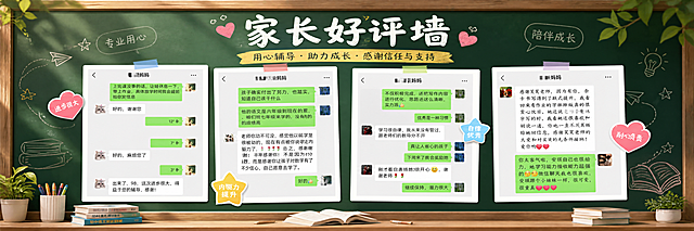 辅导班黑板好评墙，将四张家长好评聊天截图放在黑板上展示，整体风格温馨有教育氛围感，尺寸比例3.6:1