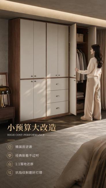 [第6屏] 使用体验展示，模特演示衣柜开合，突出小预算高性价比优势。本屏使用【图3】作为衣柜主体。
[氛围/风格] 生活化真实场景，自然互动体验，温馨高级中古风。
[元素布局] 衣柜主体占画面约65%预览效果