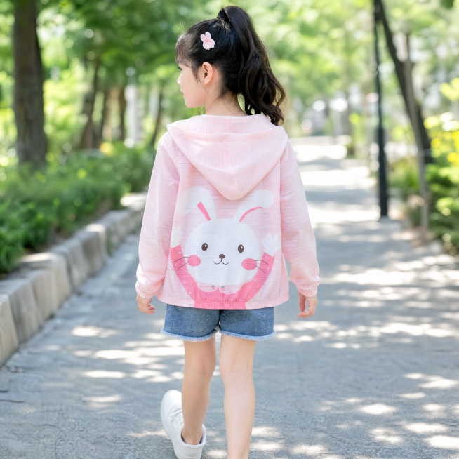 9岁软萌女童穿着粉色兔子条纹防晒衣，衣服背面印有大兔子图案，搭配白色内搭和牛仔短裤，脚踩小白鞋，夏日日式公园外景，林荫步道的斑驳树影下，背景是绿色树木和阳光光斑，整体清新元气的日系氛围，防晒衣的兔子印预览效果