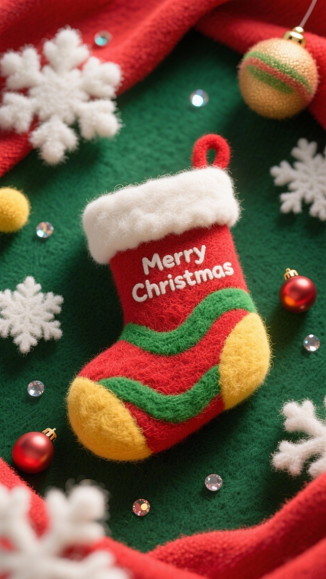 特写的精致圣诞袜（红+黄+袜身绿色波纹+“Merry Christmas”+顶部白色绒边）。周围环绕雪花装饰、装饰球、亮片。深绿色背景，边缘以红色布料环绕。俯视角构图。