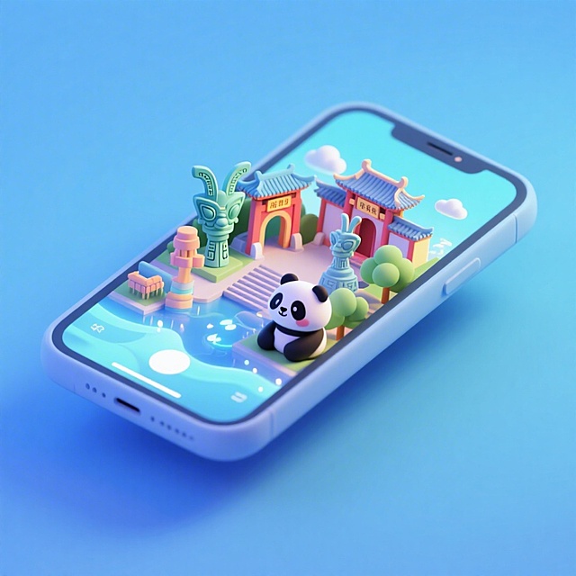 一个手机创意微缩场景，手机平放，侧面对着观众，手机俯视角度，立体的成都景观从屏幕内出来，有熊猫，三星堆，武侯祠，整体色调立体魔幻。青色背景。具有梦幻感,打光营造出柔和氛围强调梦幻和未来感的美学。
