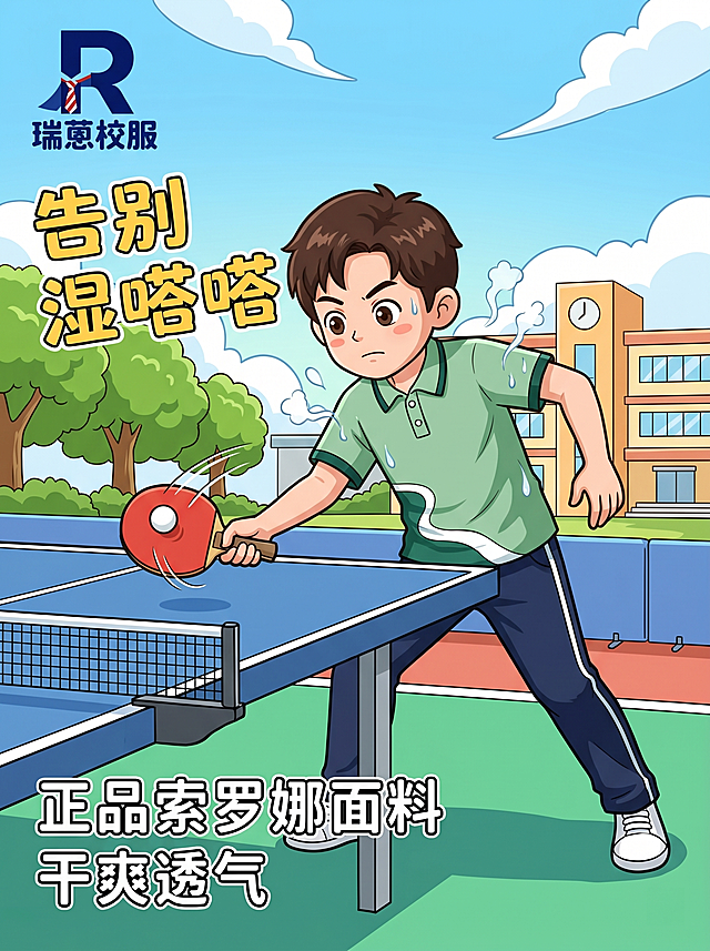 卡通风格，穿着瑞蒽校服的男孩正在打乒乓球，正搓球近台，左上角R瑞蒽校服LOGO，配文字"告别湿嗒嗒"，正品索罗娜面料，干爽透气，清新校园户外乒乓球场背景，文字简洁卡通。