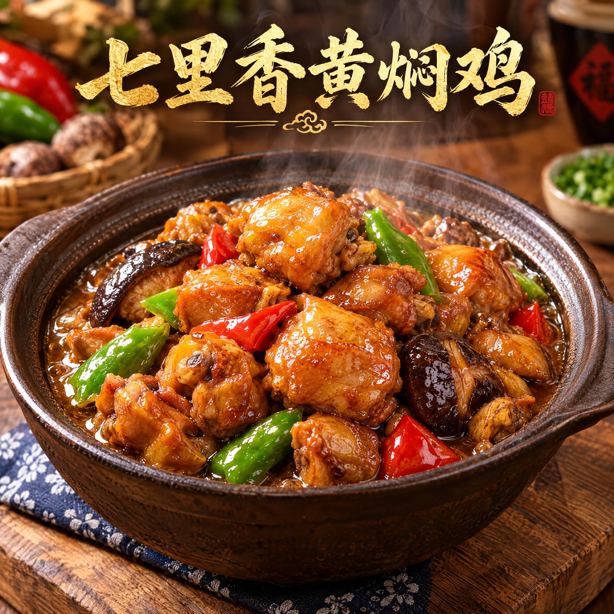 美食摄影头像，一碗金黄诱人的黄焖鸡放在木桌上，鸡肉块色泽红润油… - 图片创意预览