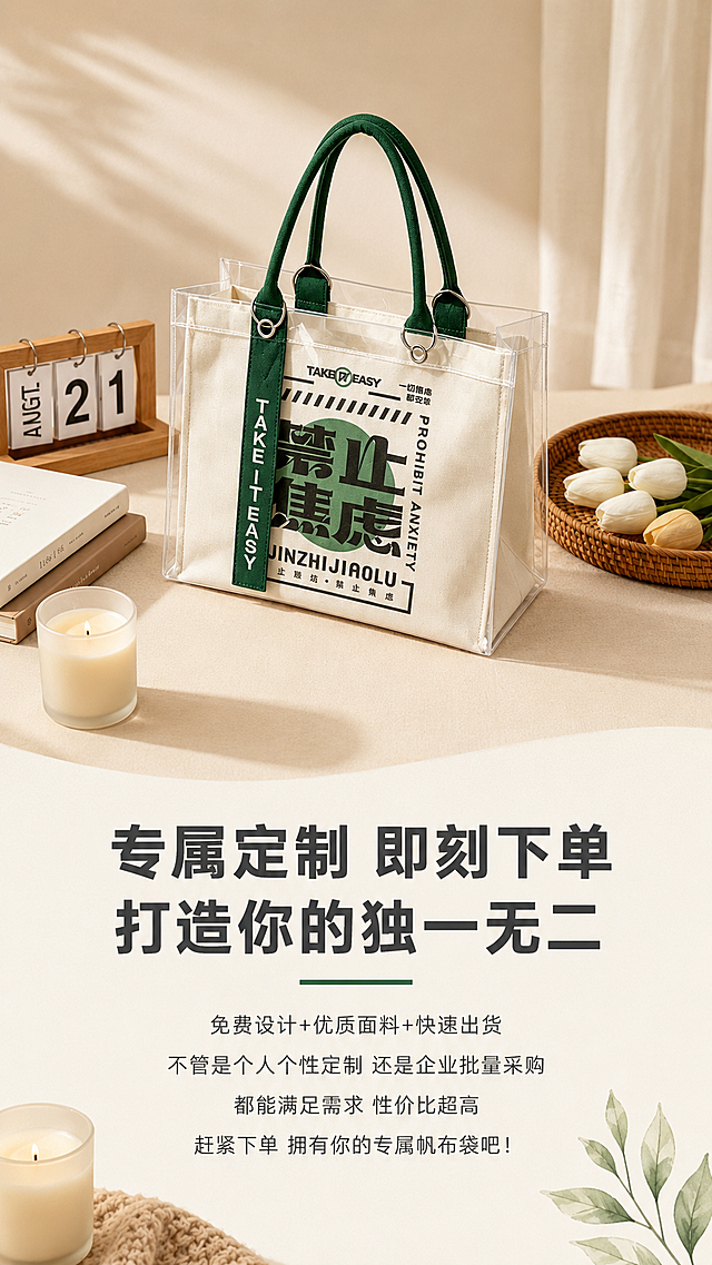 [第8屏] 底部促单模块-专属定制即刻下单。基于上传图片中的帆布袋，放在画面偏上位置展示，下方是促单文字。保持帆布袋设计不变。
[氛围/风格] 温暖收尾促单，浅米色背景，营造环保文艺氛围，吸引下单。
[元素布局] 帆布袋放在画面中上部，占据大约40%的画面，保持原有设计。下半部分放置促单文字，顶部大标题，下方正文，整体层次清晰。背景保留少量原木装饰和白色郁金香点缀，呼应首屏风格。
[光影质感] 自然柔和光线，产品清晰突出，整体氛围温馨舒适，有吸引力。
[配色色系] 全局底色：#F5F1EB（浅米白）；配色完全和首屏保持一致：产品米白+提手绿色+文字深灰，整体视觉统一。
[视角构图] 帆布袋45度斜侧展示，放在中上部，文字在下，构图稳定完整，收尾呼应首屏。
[文字版式] 主标题："专属定制 即刻下单 打造你的独一无二"，深灰色粗体居中排列。正文："免费设计+优质面料+快速出货 不管是个人个性定制 还是企业批量采购 都能满足需求 性价比超高 赶紧下单 拥有你的专属帆布袋吧！"，分三行居中排列，深灰色常规字体，排版宽松不拥挤，手机端清晰可读。
[比例分辨率] 9:16竖版比例，宽度1080像素，高度1920像素，分辨率2K，文字清晰可辨，超高清。
[负向提示词] 改变帆布袋设计，颜色错误，变形，文字错乱，文字遮挡产品，诱导性按钮，水印