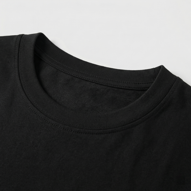 60s长绒棉T恤领口工艺细节图，高级棚拍质感，柔和侧光。特写展示双层罗纹圆领的走线工艺，领边平整挺阔，不易变形的工艺特点清晰呈现，背景为浅灰色纯色墙面，光线均匀突出材质肌理，背景铺满全屏无边框。预览效果