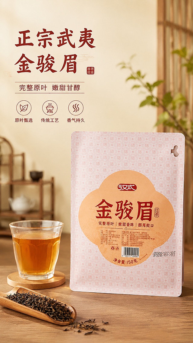 「图片1」，生成详情页，商品名称为金骏眉「图片1」「图片1」「图片1」，适配淘宝/天猫平台，单图比例为9:16，需求屏数为8张。